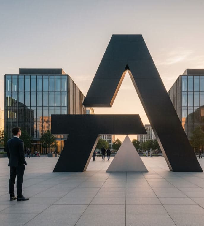 A monumental Altive A letterform sculpture standing in a corporate plaza at dusk